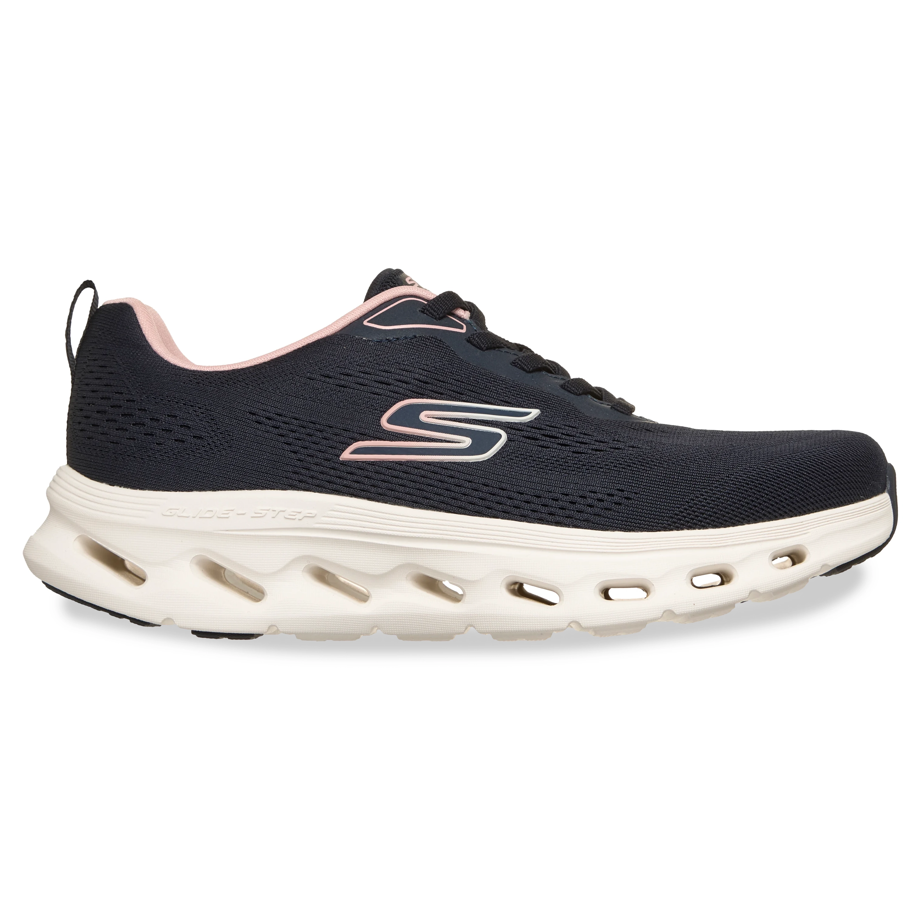 Tênis feminino Skechers azul escuro com detalhes rosa, vista lateral